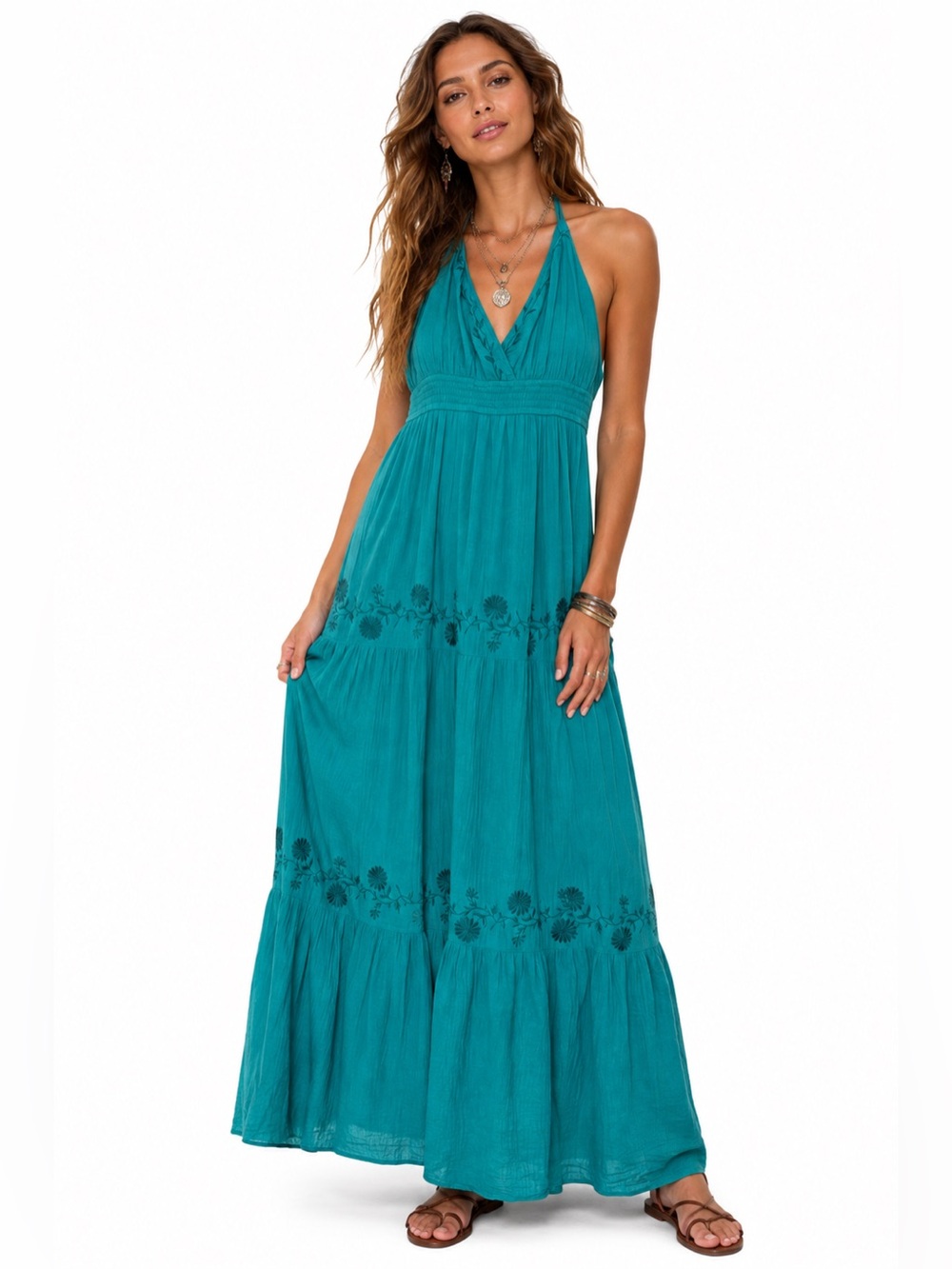 Boho Cottagecore Teal Gauze Tiered Maxi Dress Halter Embroidered Feminine Earthy